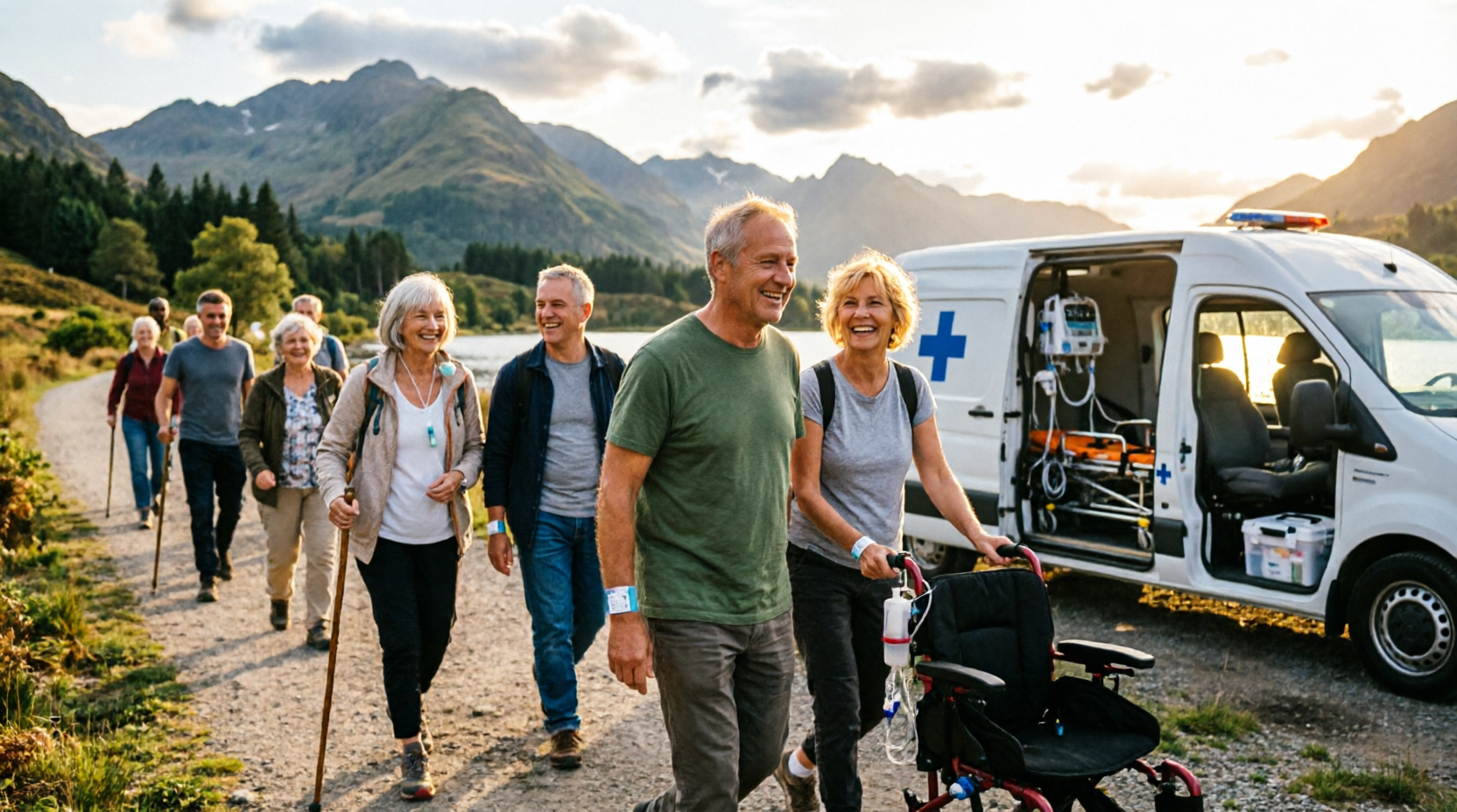 Gruppo di persone senior che camminano felici all'aperto vicino a un'ambulanza